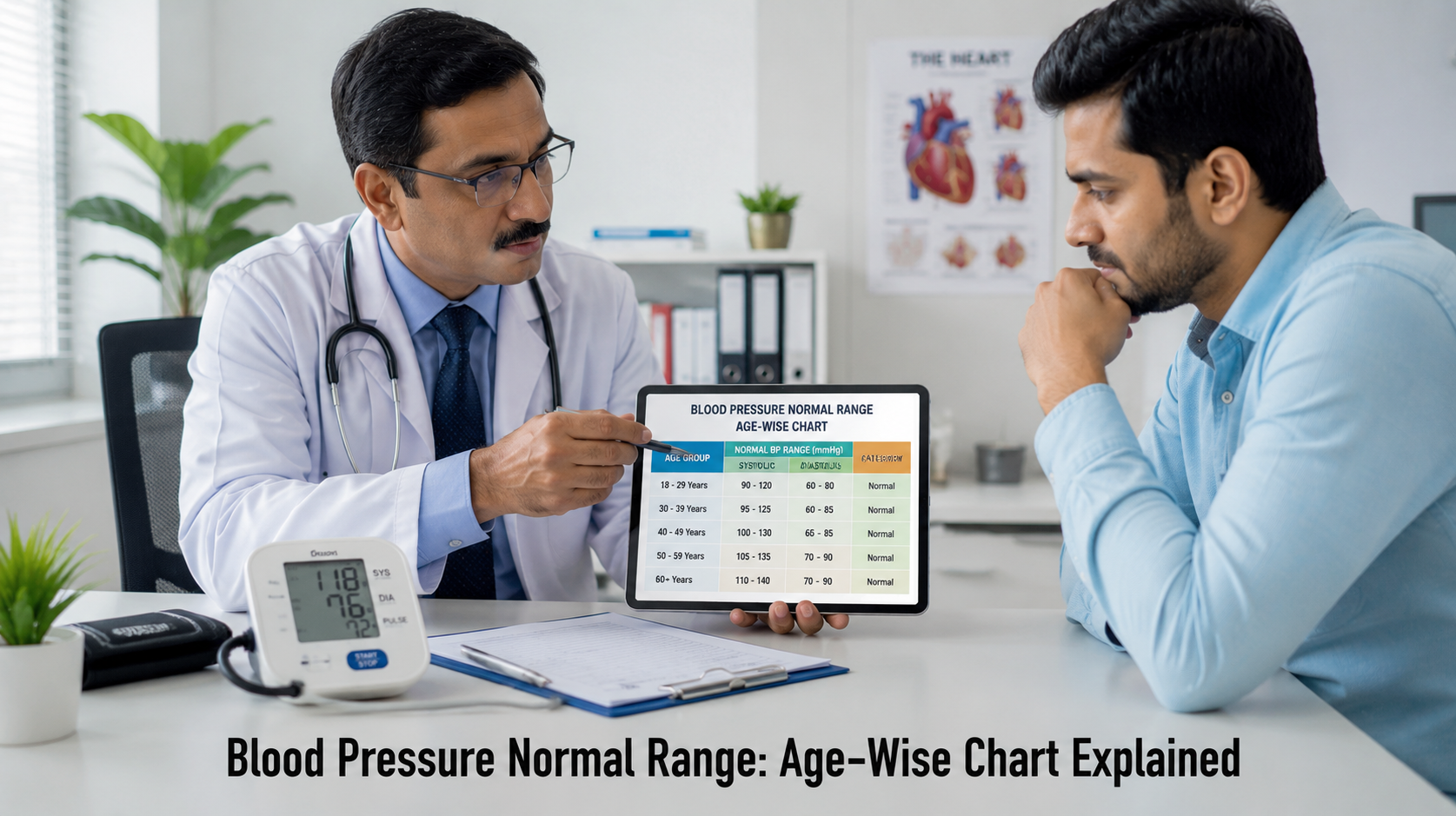 Doctor consulting patient regarding normal blood pressure range